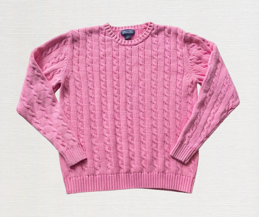Vintage 90s Lands End Womens Cable Knit Crewneck Sweater Pink Large Preppy